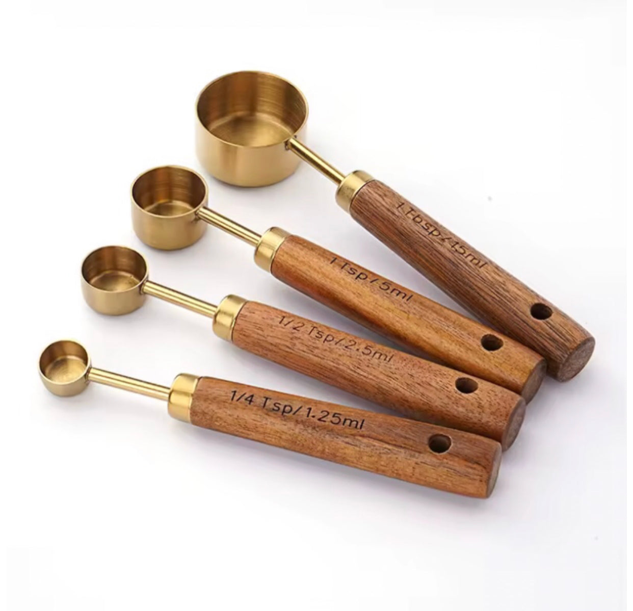 Gold Stainless Steel Measuring Cups & Spoons Set with Wooden Handles – 8 Piece