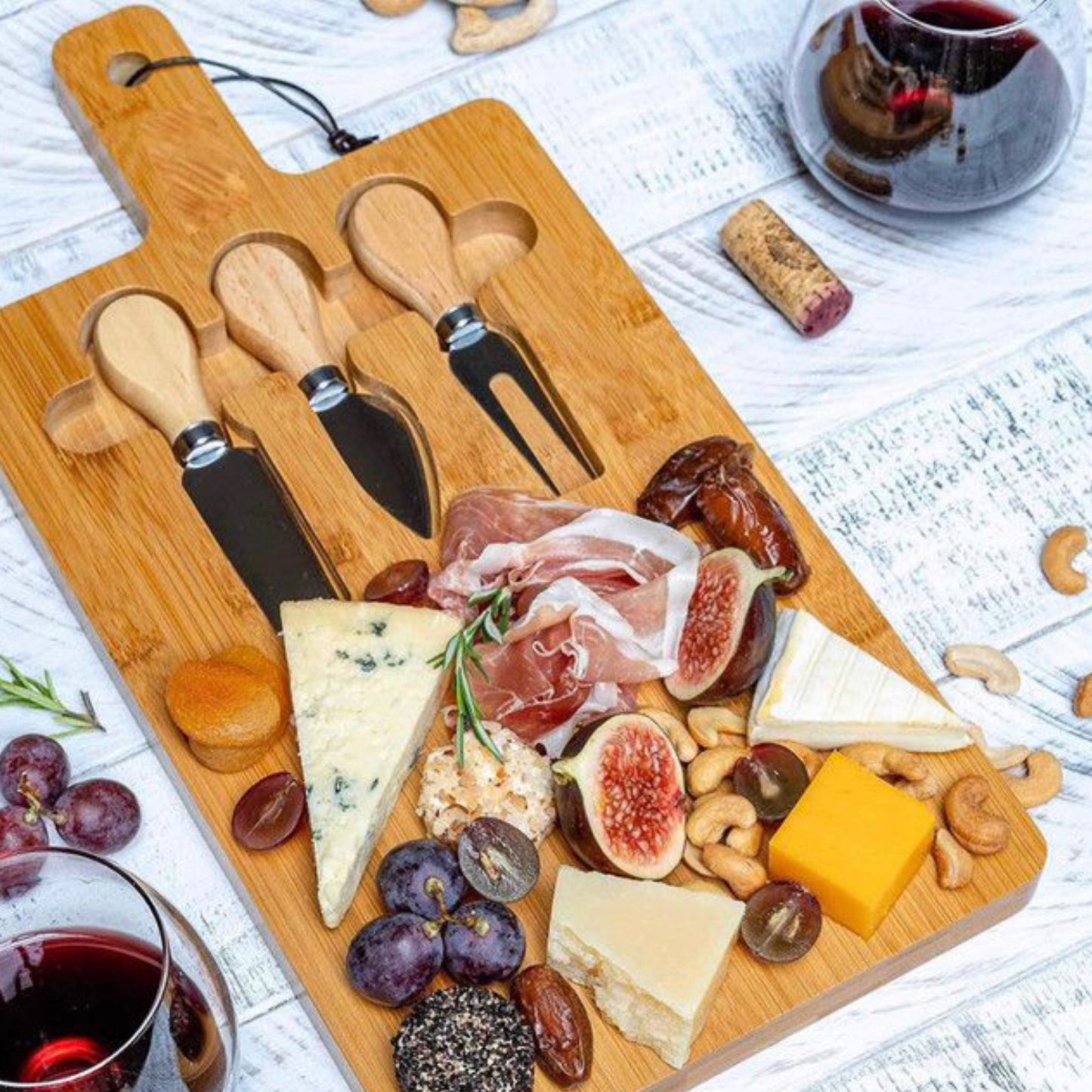 Multipurpose bamboo cheese serving board with set of knives