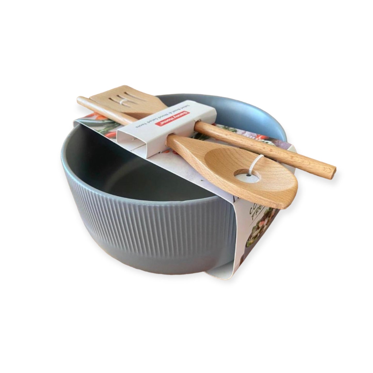 Salad ceramic bowl with wooden utensils