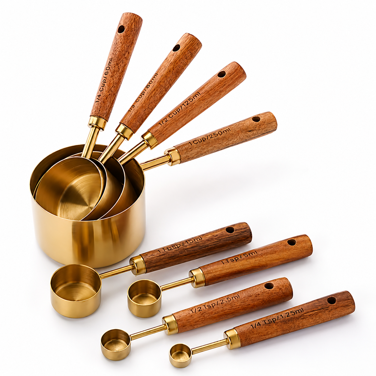 Gold Stainless Steel Measuring Cups & Spoons Set with Wooden Handles – 8 Piece