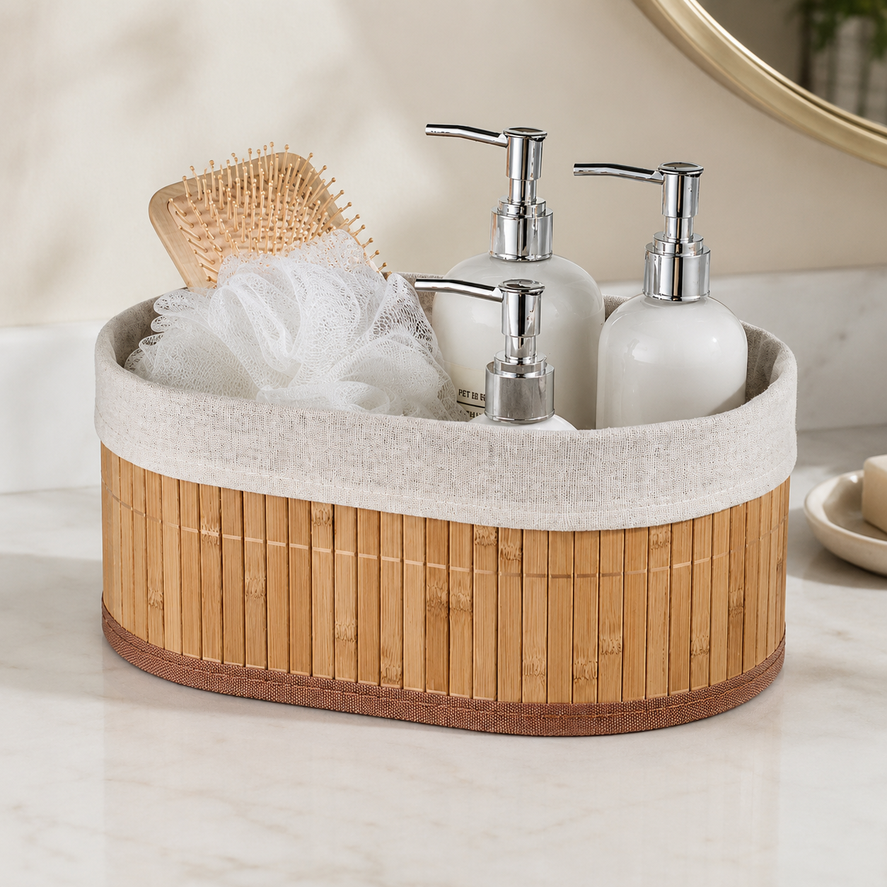 3 Piece Oval Bamboo Storage Basket Set with Fabric Lining