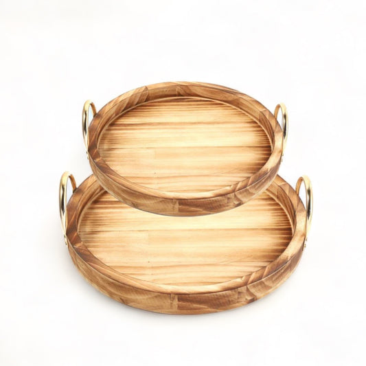 Charming Wooden Round Serving Tray Set With Metal Handles