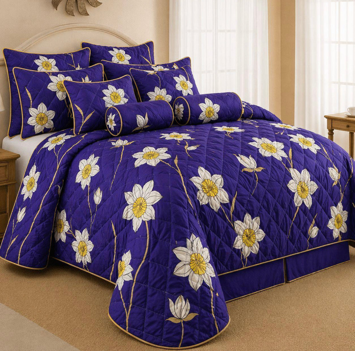 King Size 9-Piece Quilted Comforter Set 230x235cm – Bedding Set with Pillowcases, Cushion Covers & Neck Roll Pillows