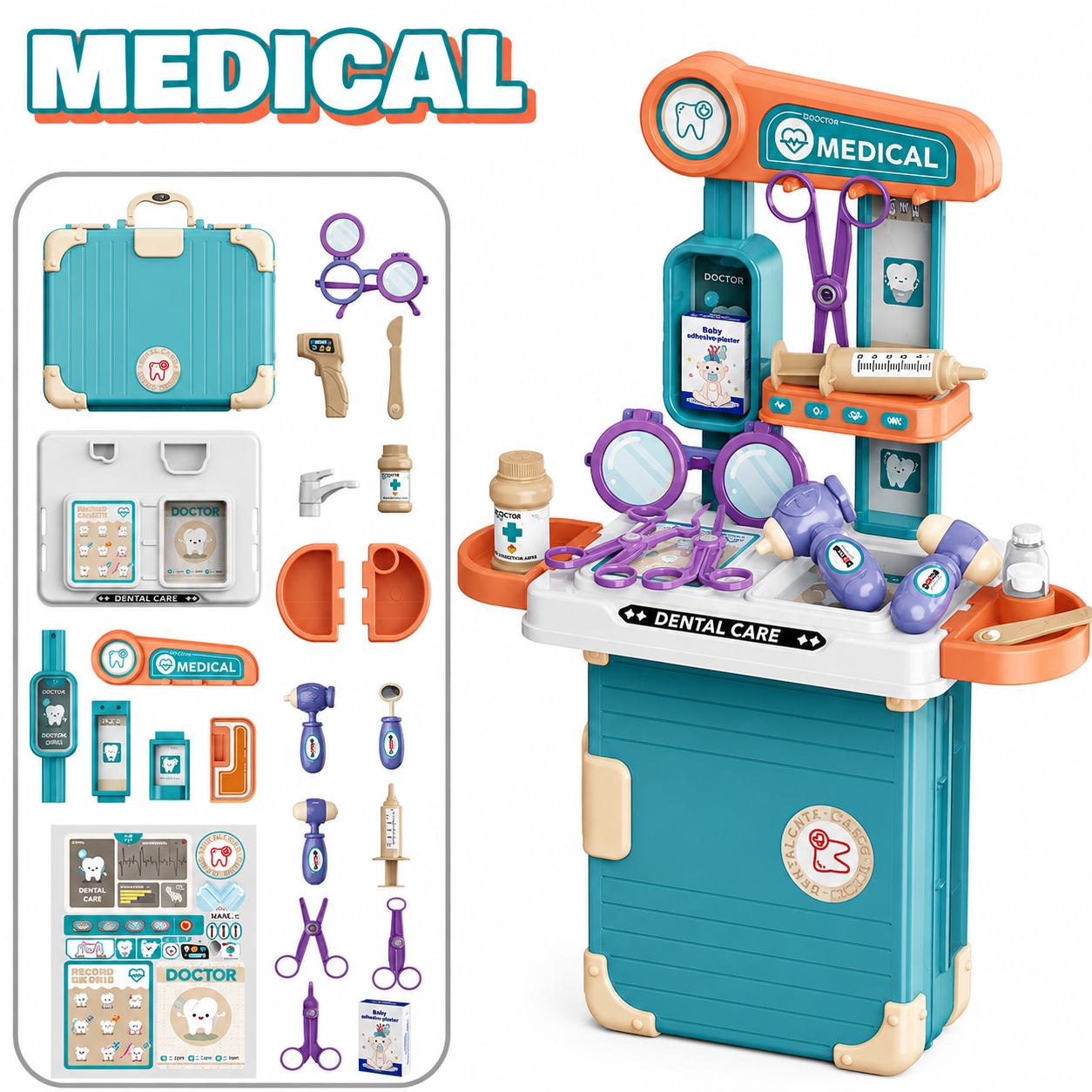 2 in 1 Kids Pretend Play Kitchen & Medical Doctor Suitcase Set
