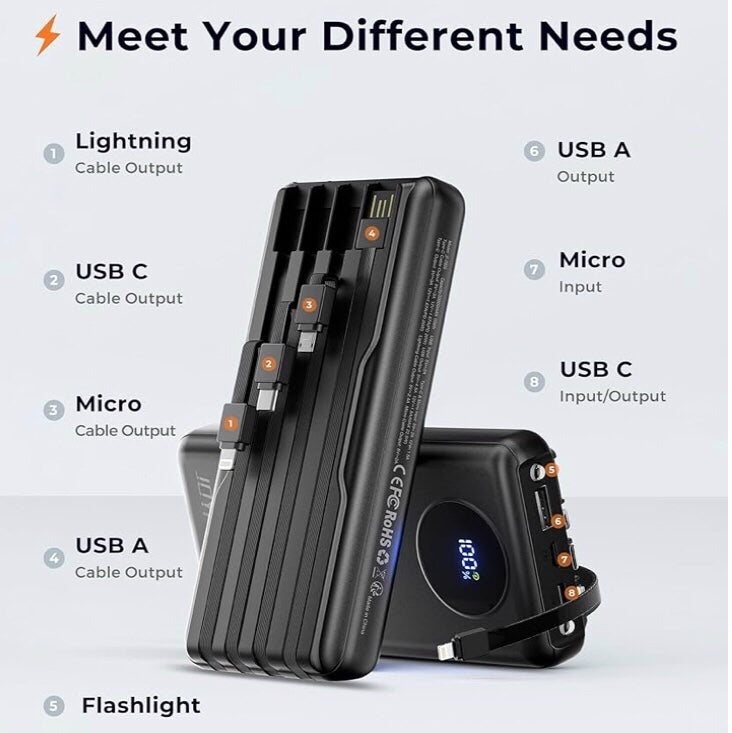 30000mAh Power Bank with Built-In 4 Charging Cables