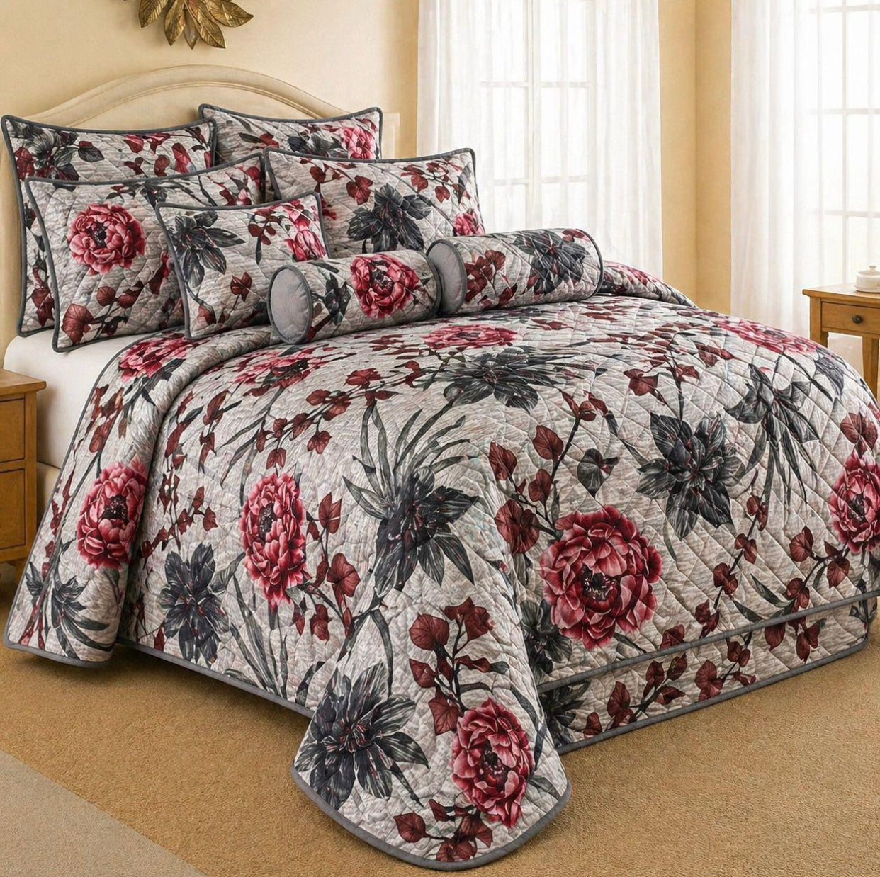 King Size 9-Piece Quilted Comforter Set 230x235cm – Bedding Set with Pillowcases, Cushion Covers & Neck Roll Pillows