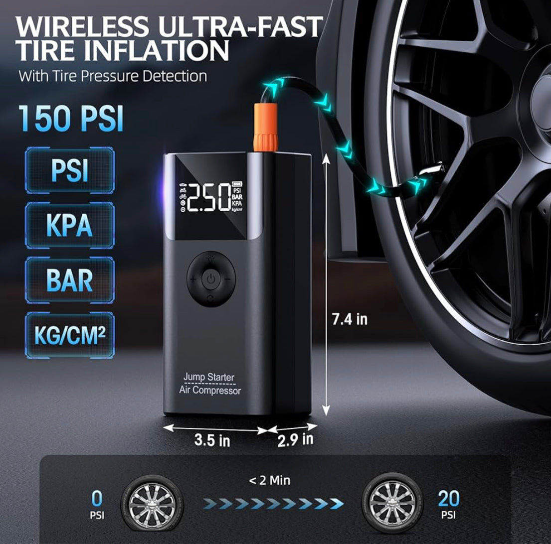 Smart Wireless Car Jump Starter & Auto Air Inflator – 2500A Portable Power Bank