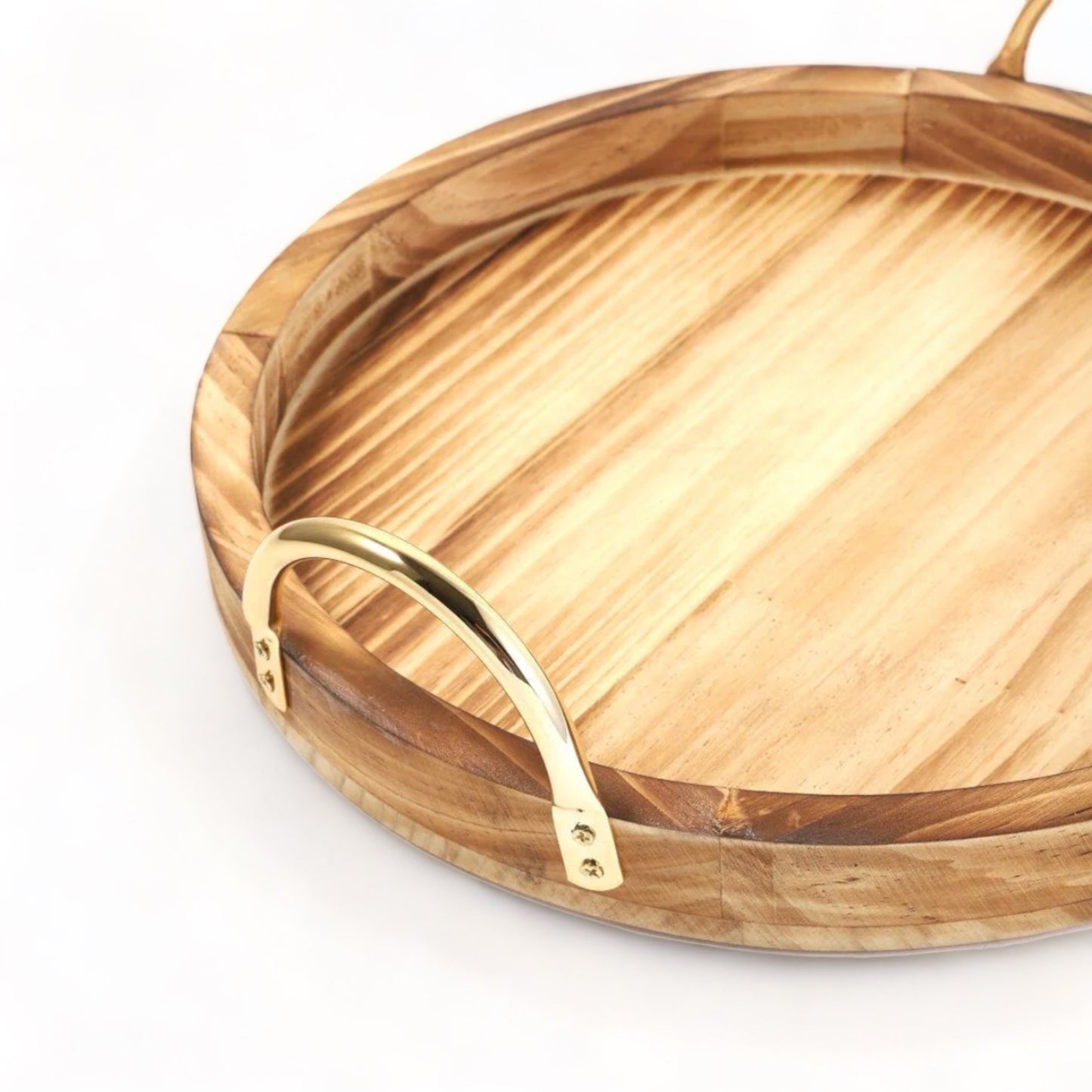 Charming Wooden Round Serving Tray Set With Metal Handles