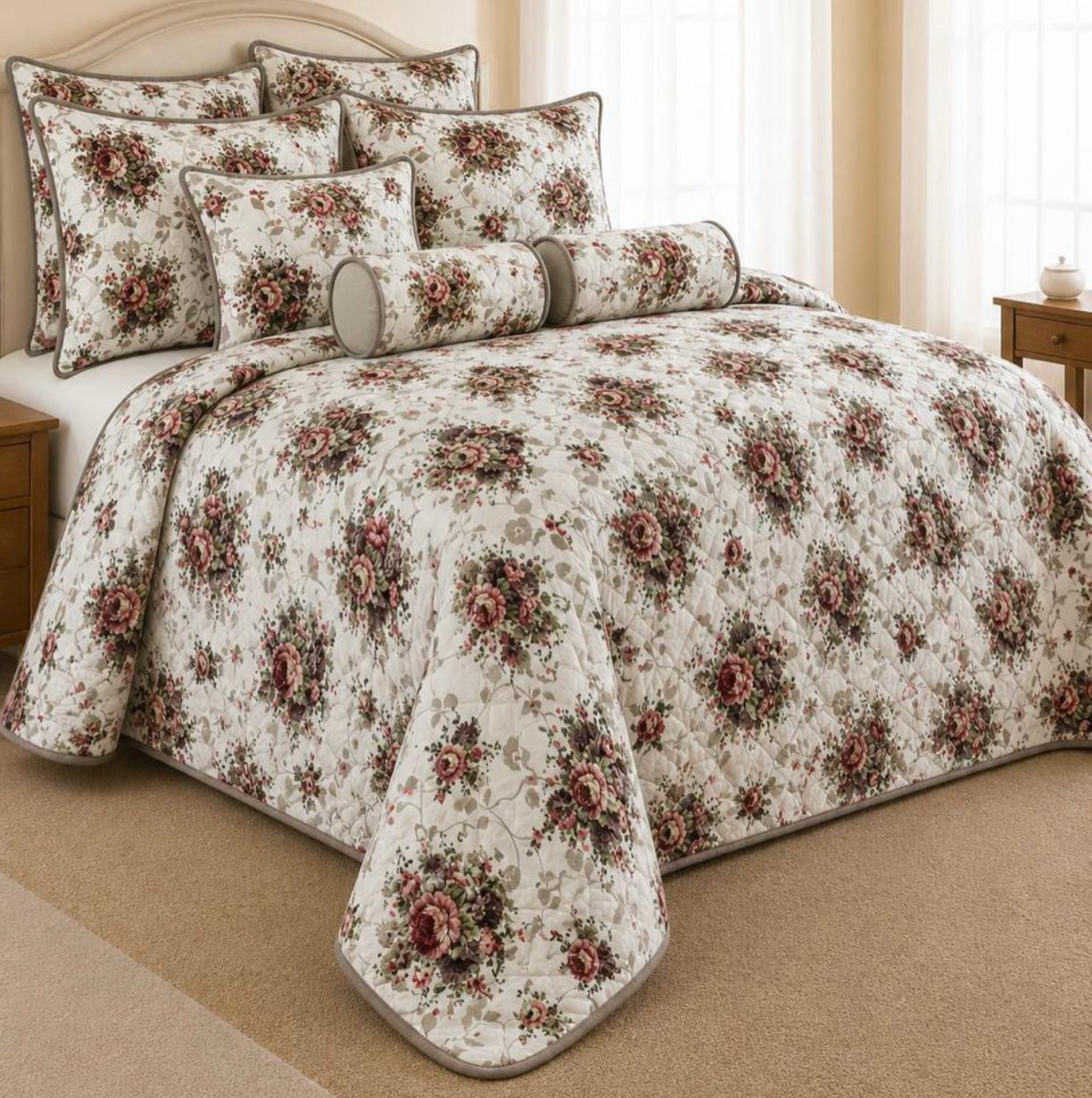 King Size 9-Piece Quilted Comforter Set 230x235cm – Bedding Set with Pillowcases, Cushion Covers & Neck Roll Pillows