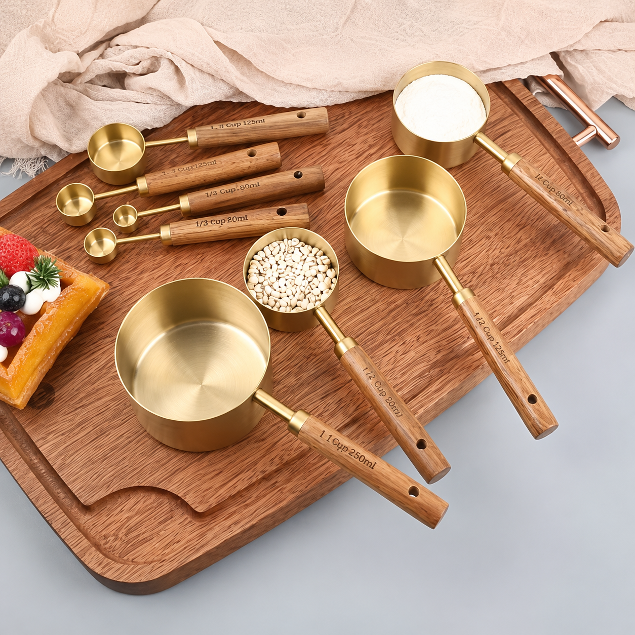 Gold Stainless Steel Measuring Cups & Spoons Set with Wooden Handles – 8 Piece