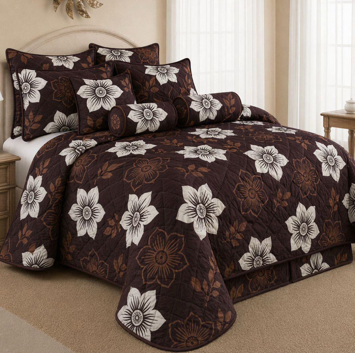 King Size 9-Piece Quilted Comforter Set 230x235cm – Bedding Set with Pillowcases, Cushion Covers & Neck Roll Pillows