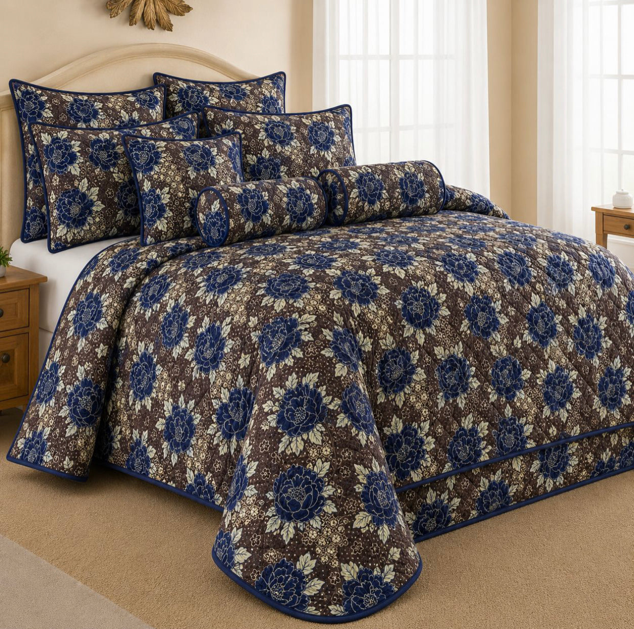 King Size 9-Piece Quilted Comforter Set 230x235cm – Bedding Set with Pillowcases, Cushion Covers & Neck Roll Pillows