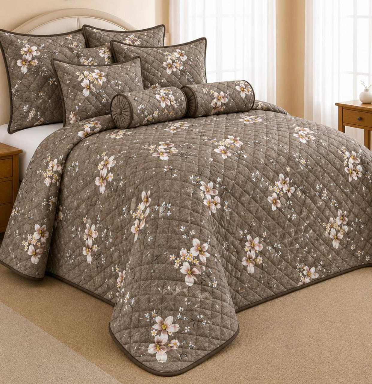 King Size 9-Piece Quilted Comforter Set 230x235cm – Bedding Set with Pillowcases, Cushion Covers & Neck Roll Pillows
