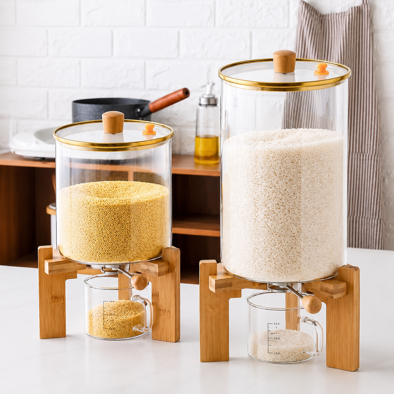 Glass Dry Ingredients Dispenser with Bamboo Stand & Measuring Cup (5.5L / 8L)