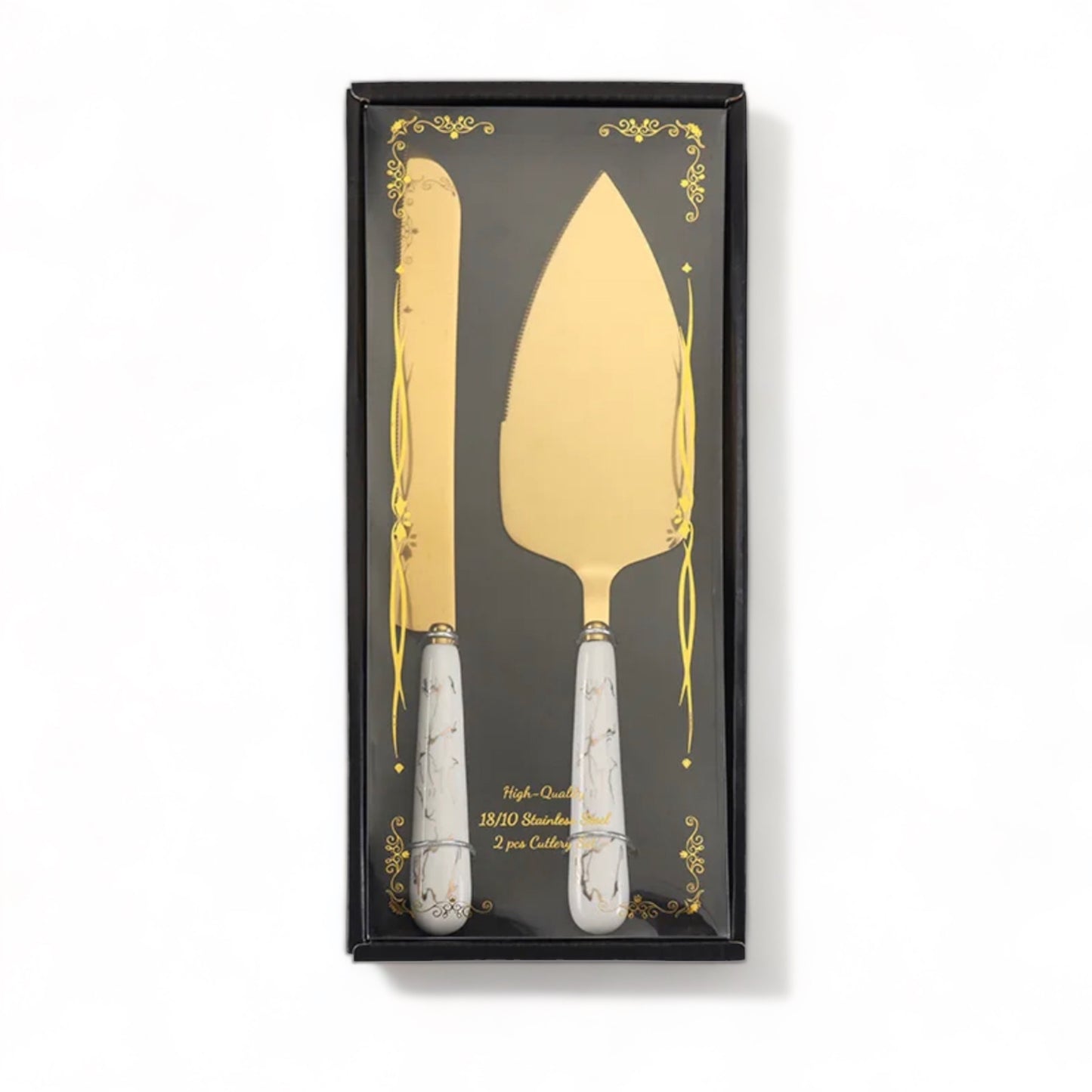 Ceramic Marble & Gold Wedding Cake Knife & Server Set.