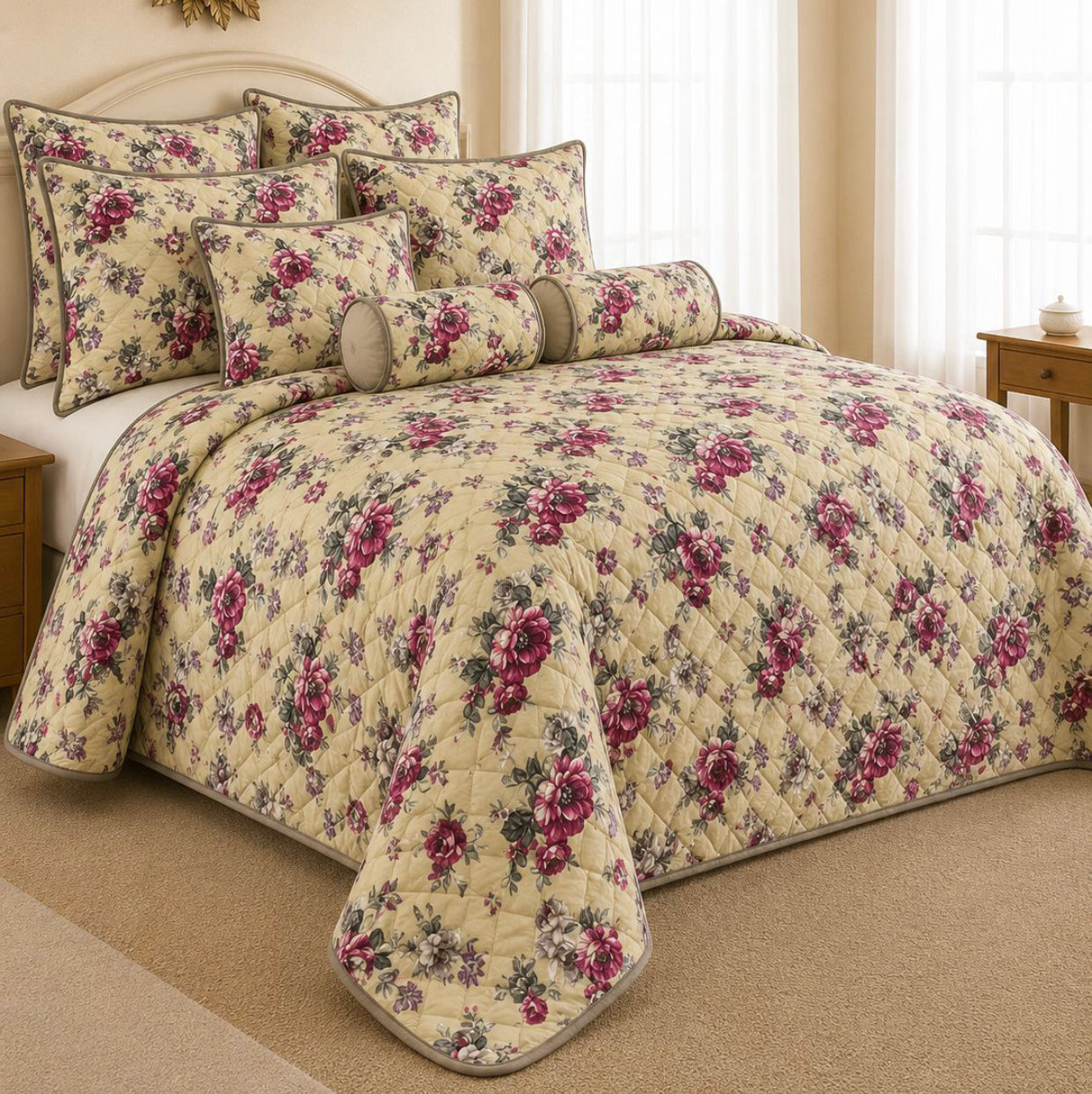 King Size 9-Piece Quilted Comforter Set 230x235cm – Bedding Set with Pillowcases, Cushion Covers & Neck Roll Pillows