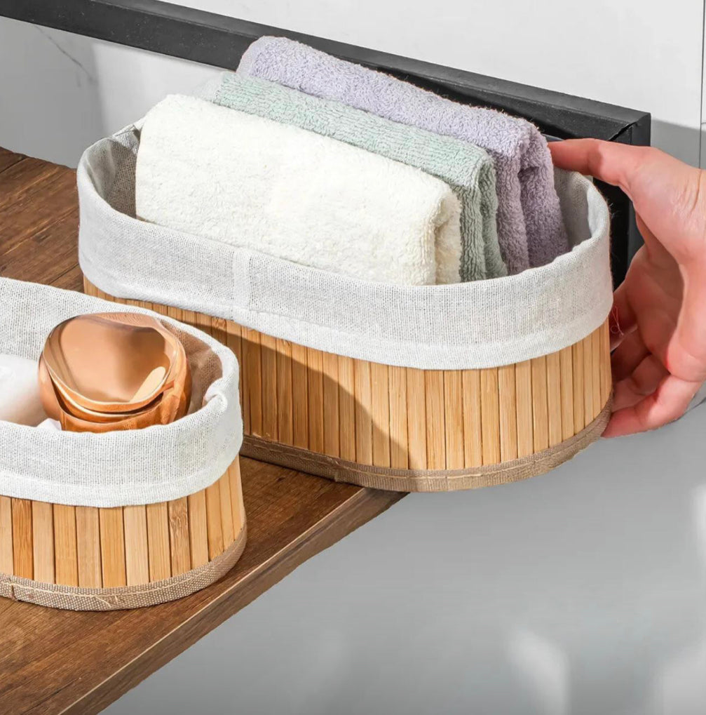 3 Piece Oval Bamboo Storage Basket Set with Fabric Lining