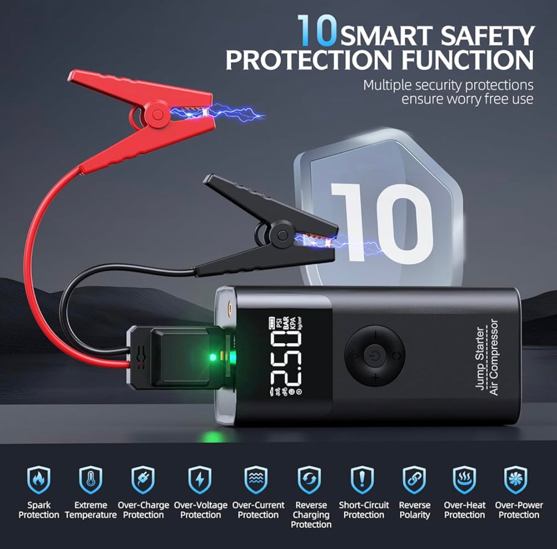 Smart Wireless Car Jump Starter & Auto Air Inflator – 2500A Portable Power Bank