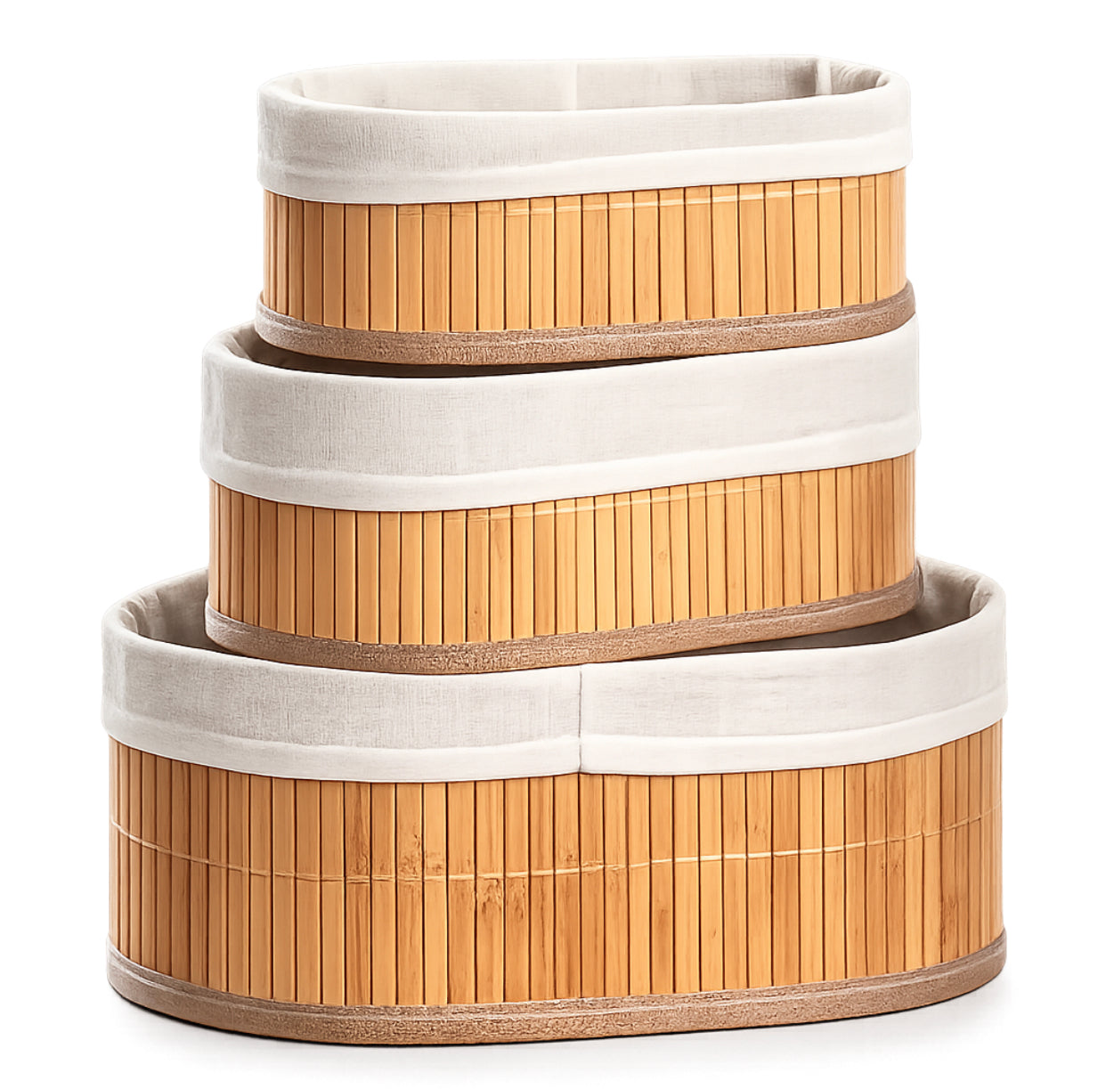 3 Piece Oval Bamboo Storage Basket Set with Fabric Lining