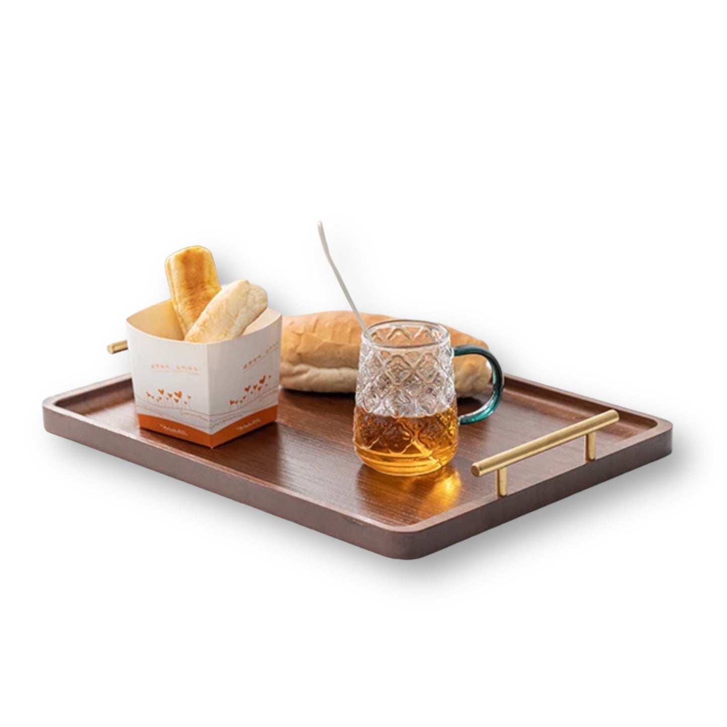 Wooden Serving Tray with Gold Metal Handles - Stylish Vintage Look