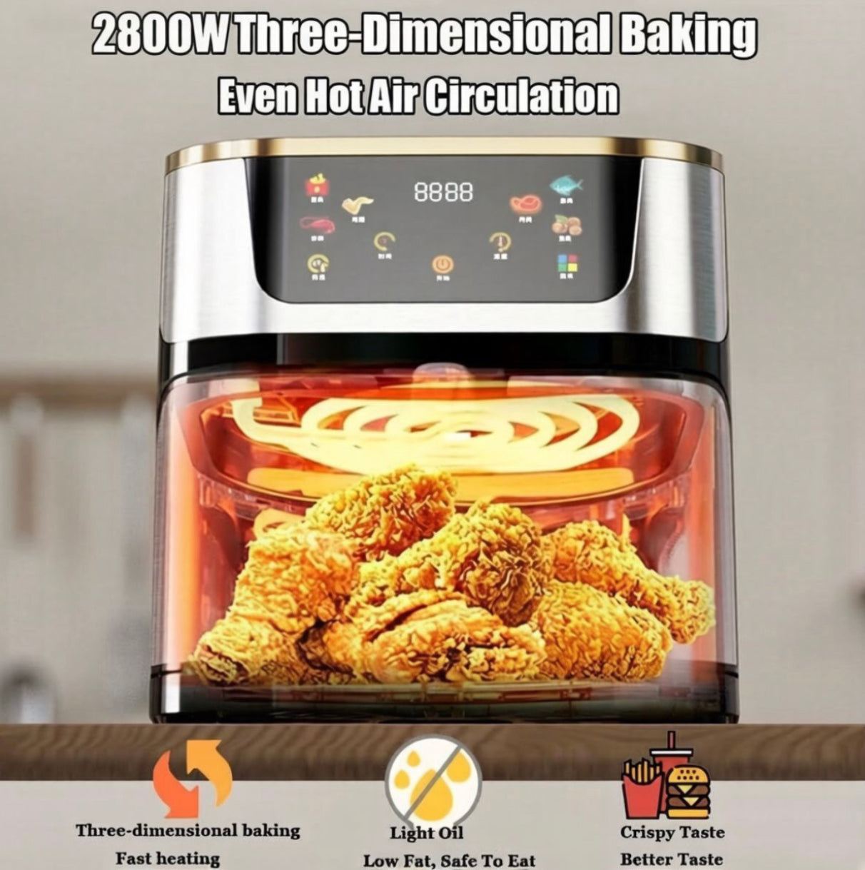 12L Digital Air Fryer, Stainless Steel Touch Screen Oil-Free Cooker - Black