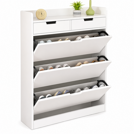 White Wooden Shoe Cabinet with Drawers