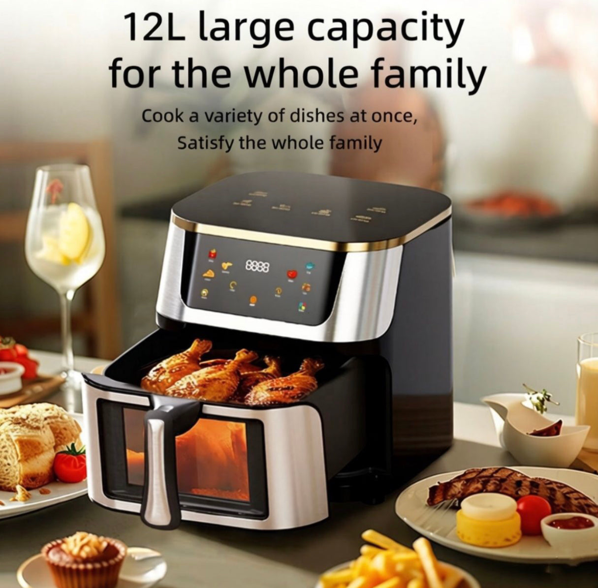 12L Digital Air Fryer, Stainless Steel Touch Screen Oil-Free Cooker - Black