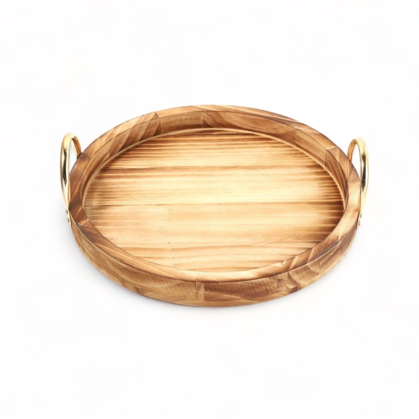 Charming Wooden Round Serving Tray Set With Metal Handles