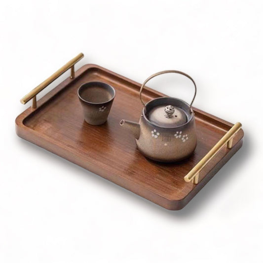 Wooden Serving Tray with Gold Metal Handles - Stylish Vintage Look