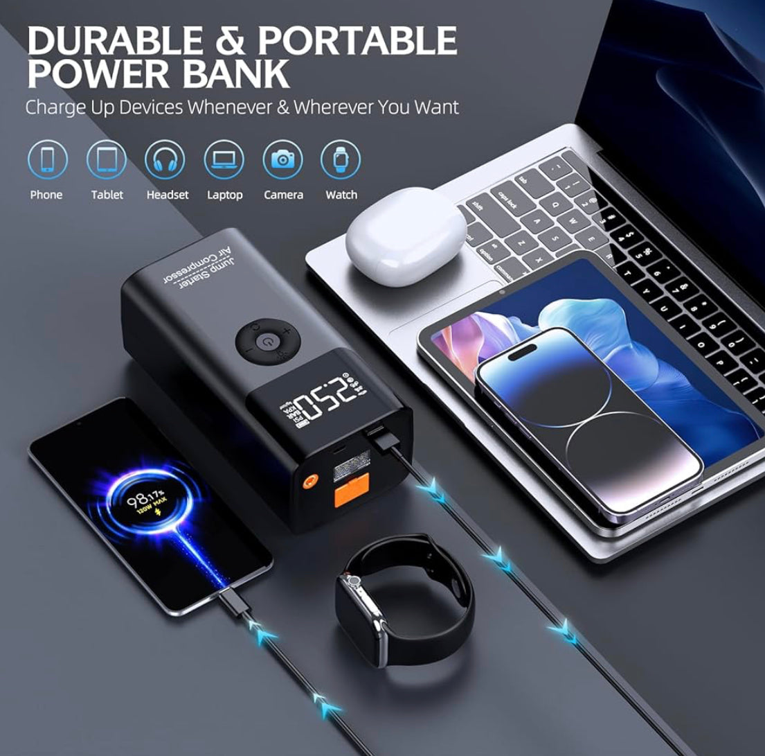 Smart Wireless Car Jump Starter & Auto Air Inflator – 2500A Portable Power Bank