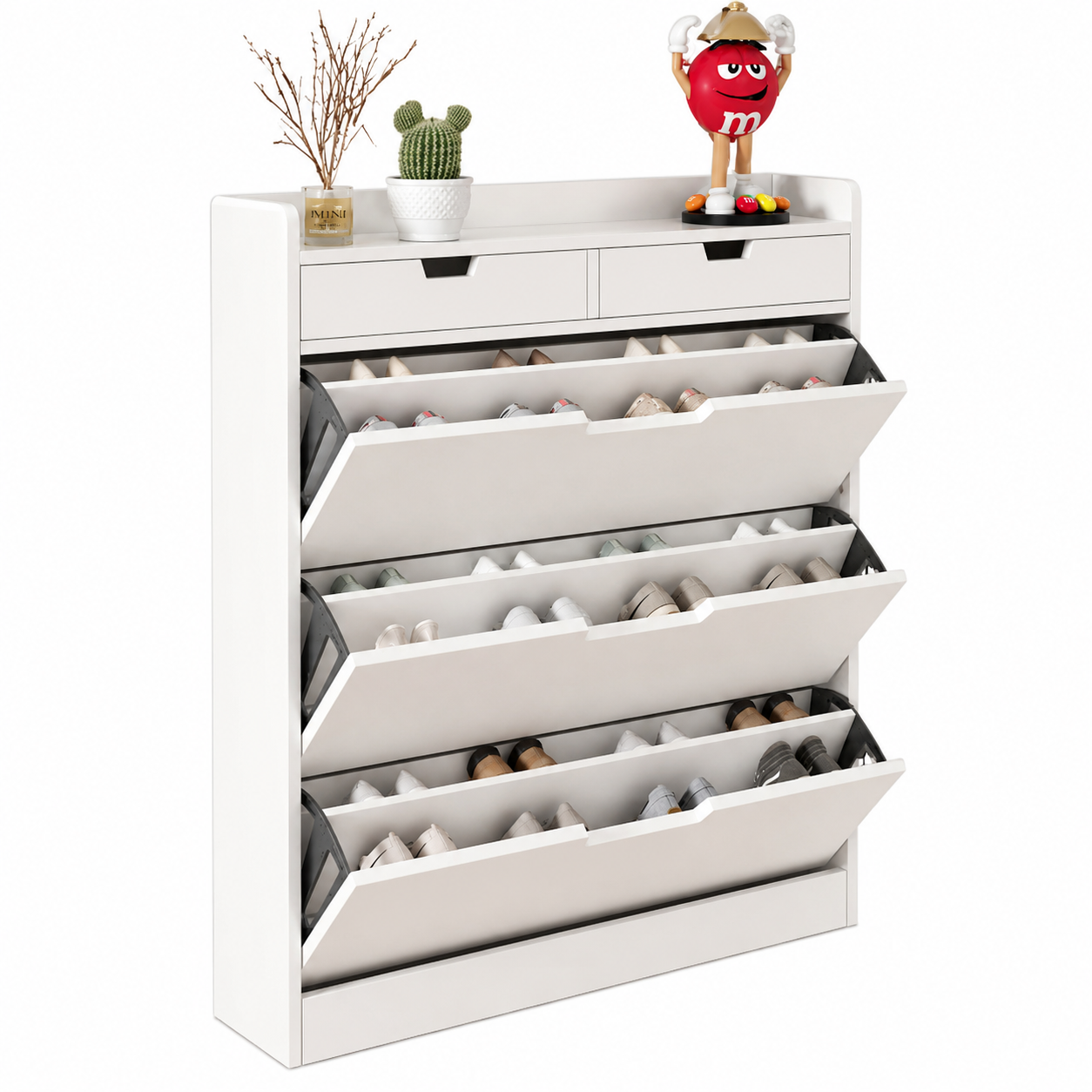 White Wooden Shoe Cabinet with Drawers