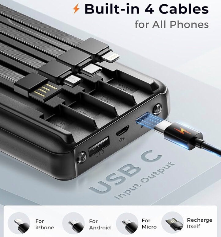 30000mAh Power Bank with Built-In 4 Charging Cables