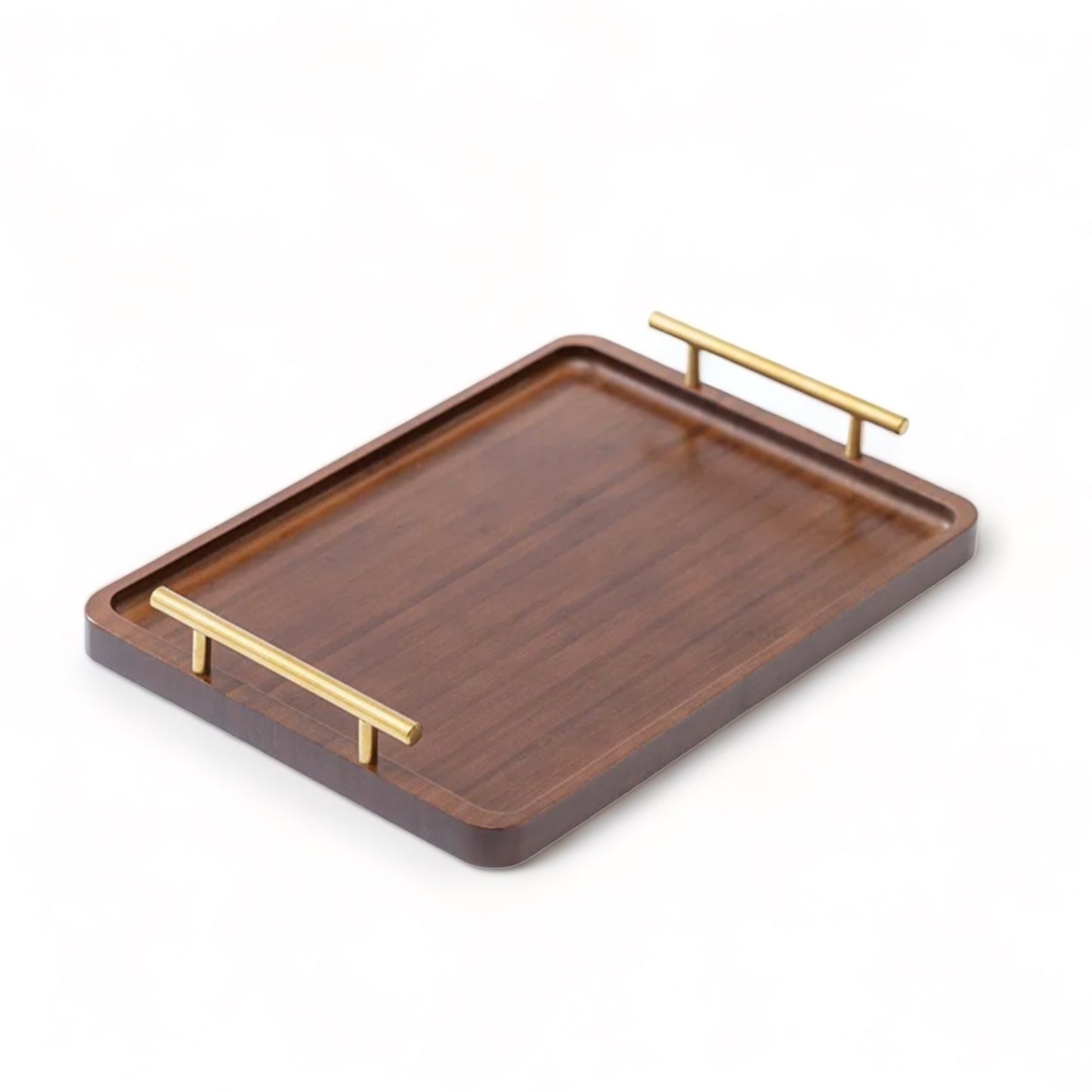Wooden Serving Tray with Gold Metal Handles - Stylish Vintage Look