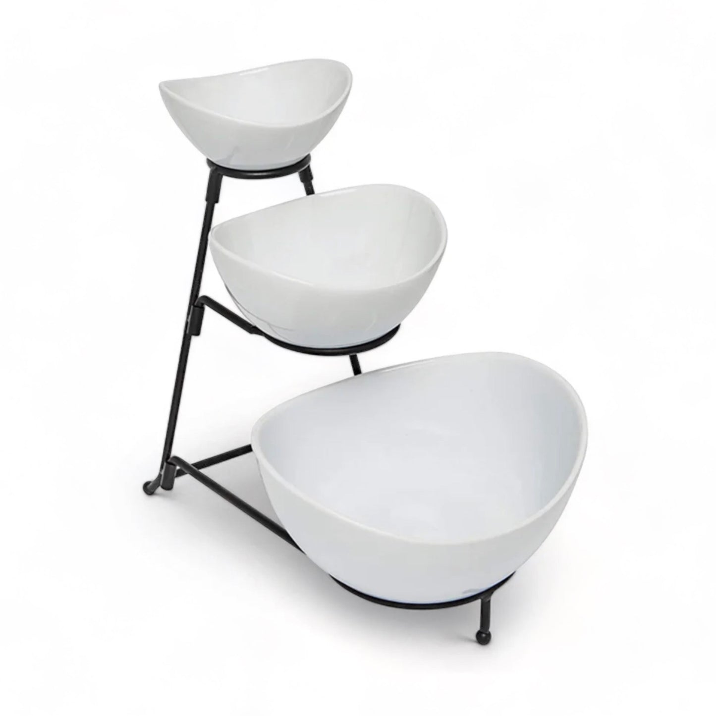 3 Tier White Ceramic Oval Bowl Set with Collapsible Metal Rack
