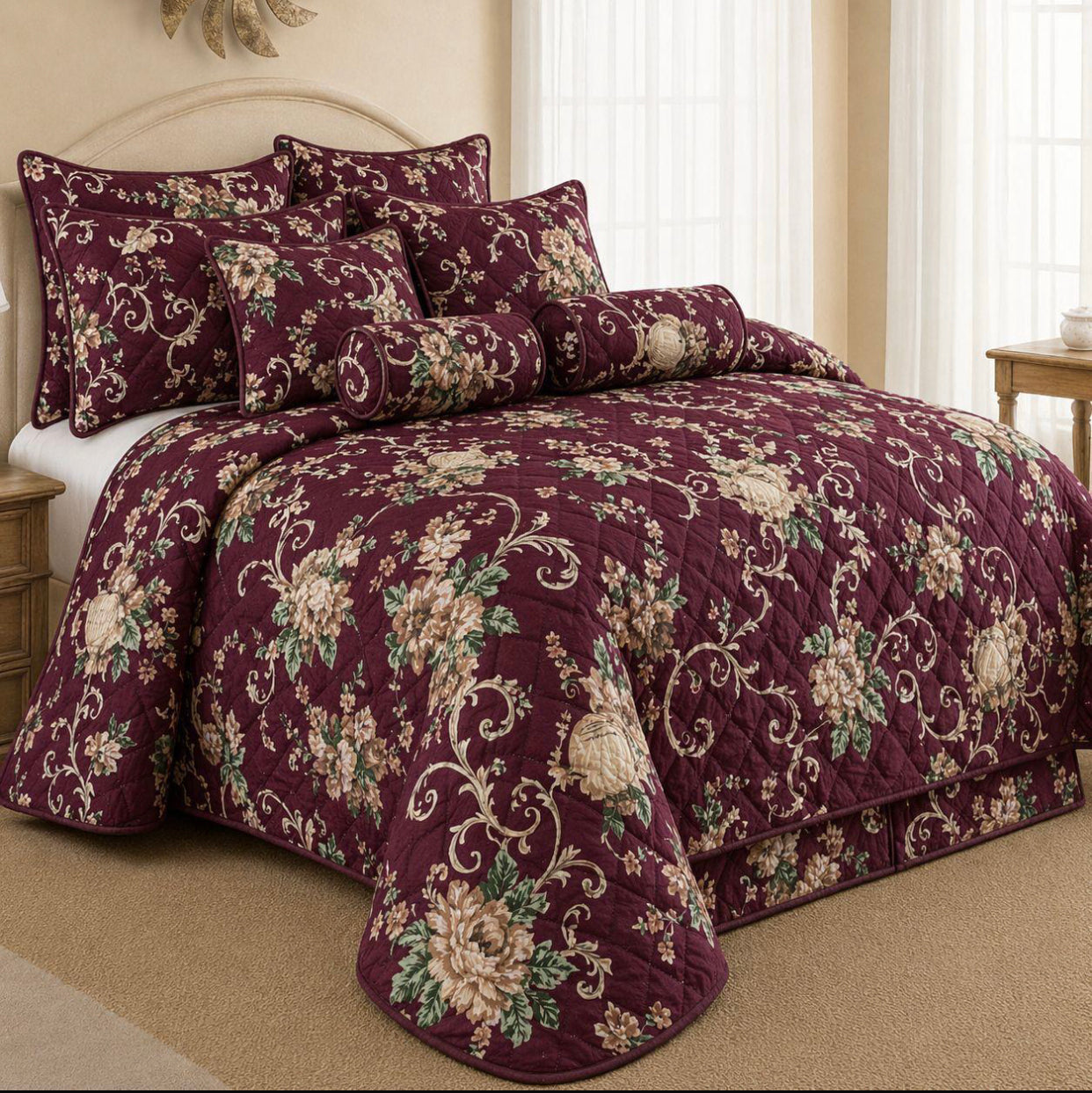King Size 9-Piece Quilted Comforter Set 230x235cm – Bedding Set with Pillowcases, Cushion Covers & Neck Roll Pillows