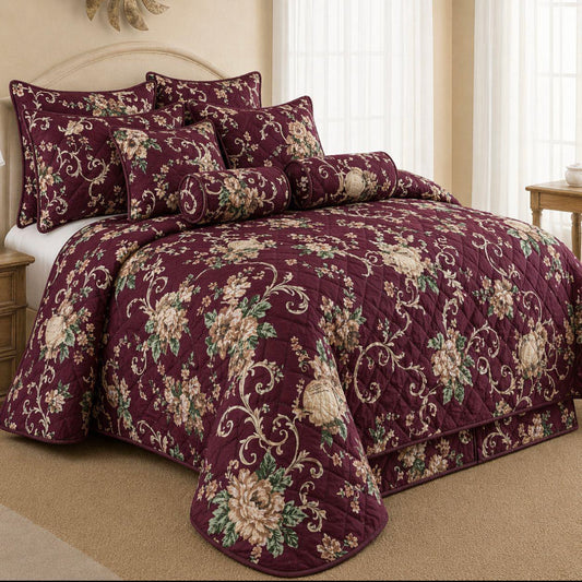 King Size 9-Piece Quilted Comforter Set 230x235cm – Bedding Set with Pillowcases, Cushion Covers & Neck Roll Pillows