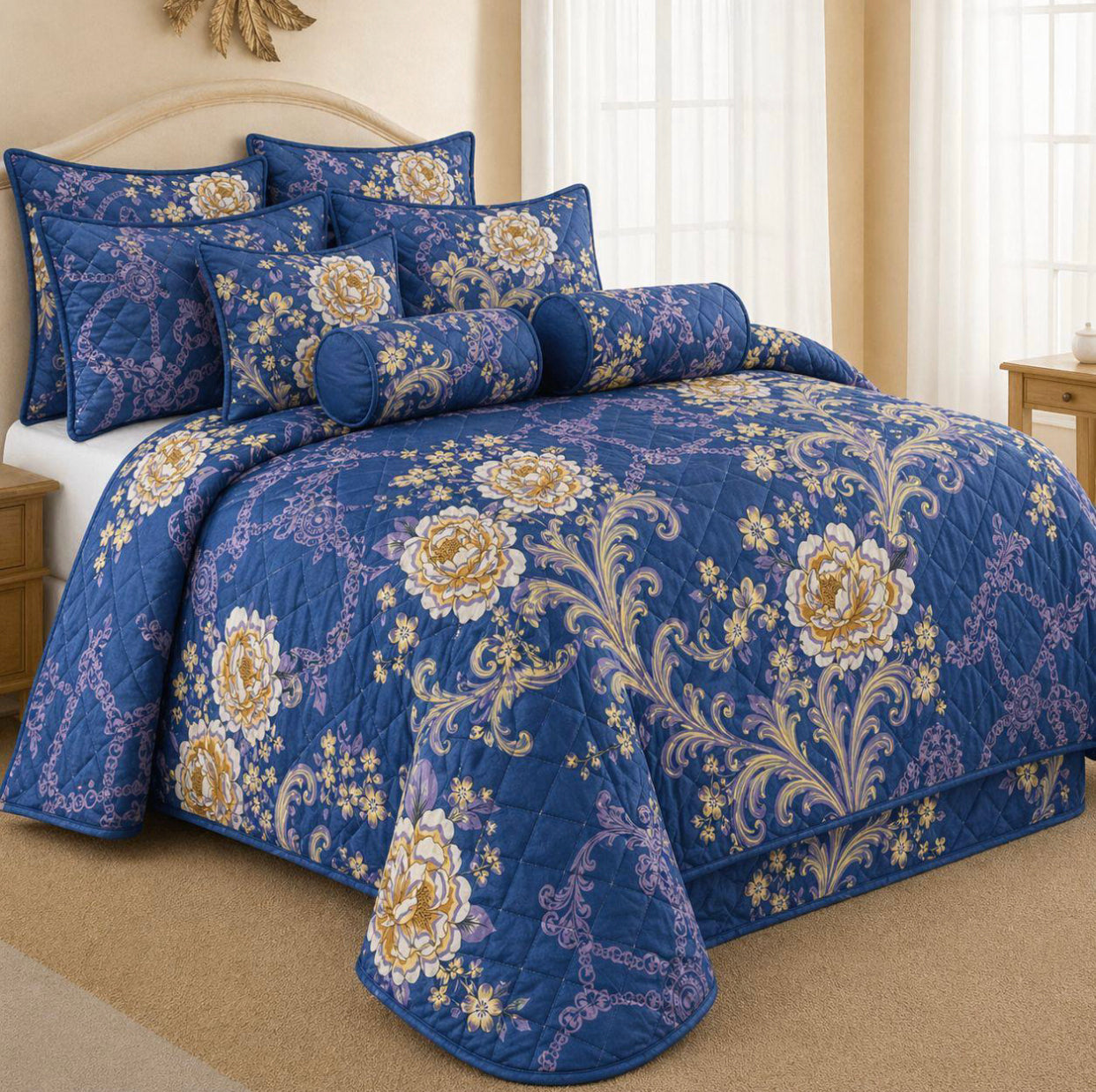 King Size 9-Piece Quilted Comforter Set 230x235cm – Bedding Set with Pillowcases, Cushion Covers & Neck Roll Pillows