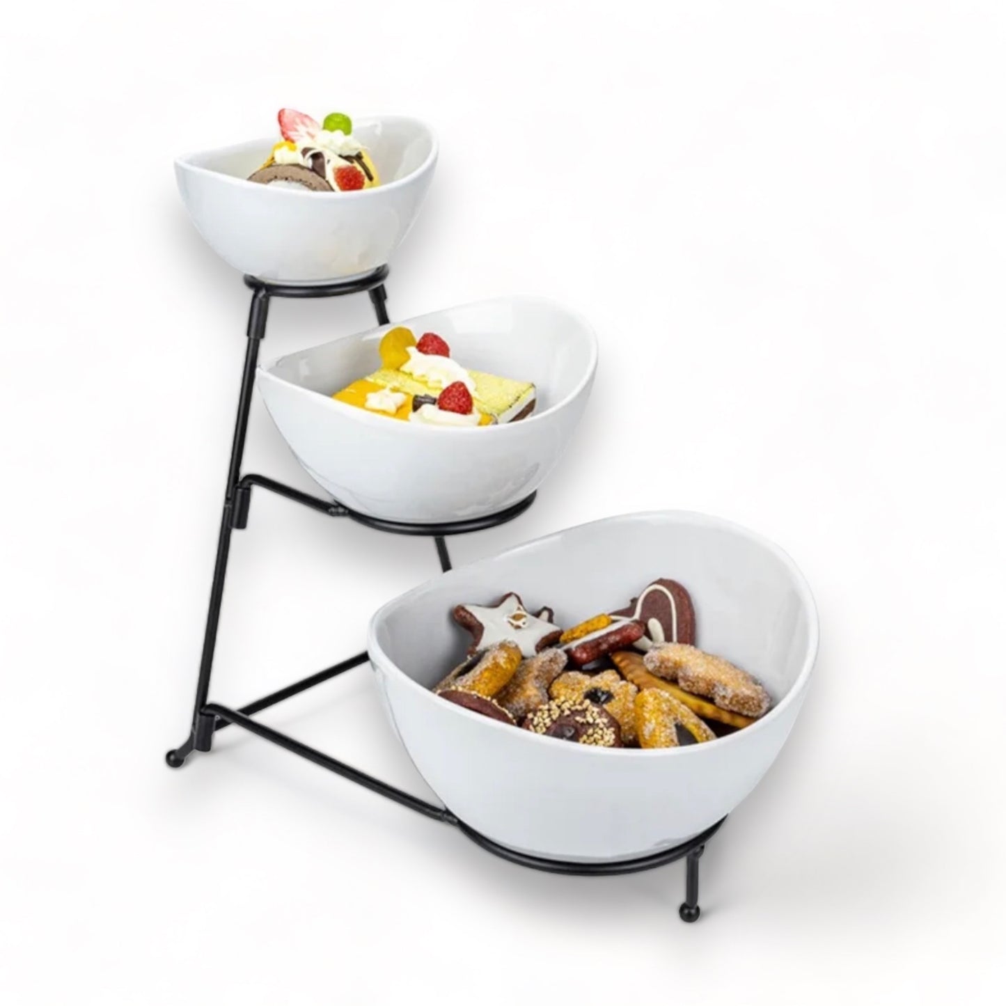 3 Tier White Ceramic Oval Bowl Set with Collapsible Metal Rack
