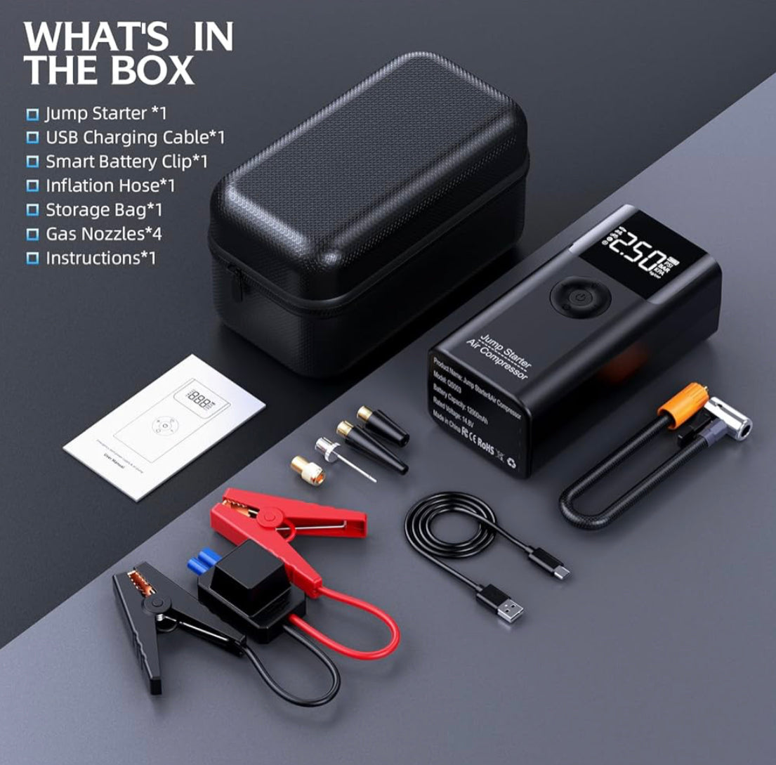 Smart Wireless Car Jump Starter & Auto Air Inflator – 2500A Portable Power Bank