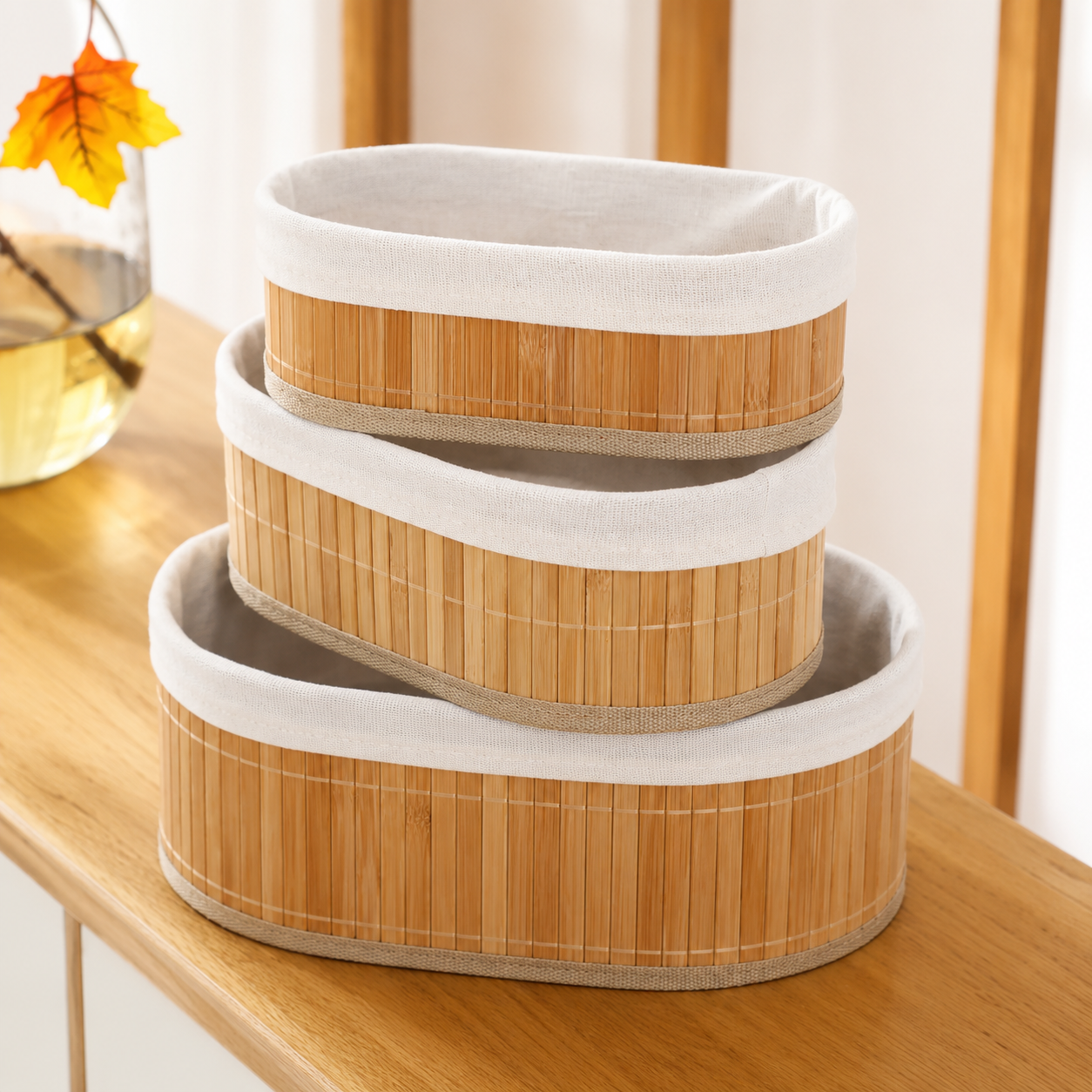 3 Piece Oval Bamboo Storage Basket Set with Fabric Lining