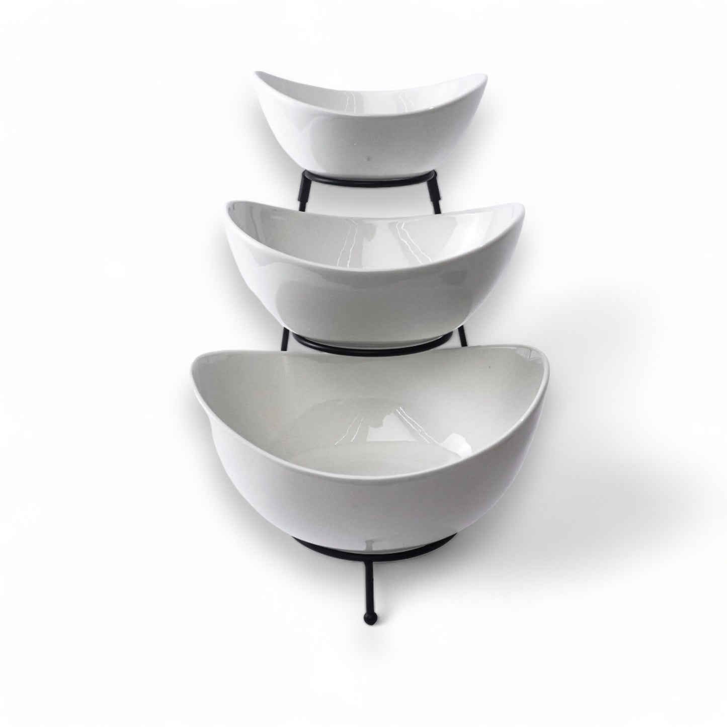 3 Tier White Ceramic Oval Bowl Set with Collapsible Metal Rack