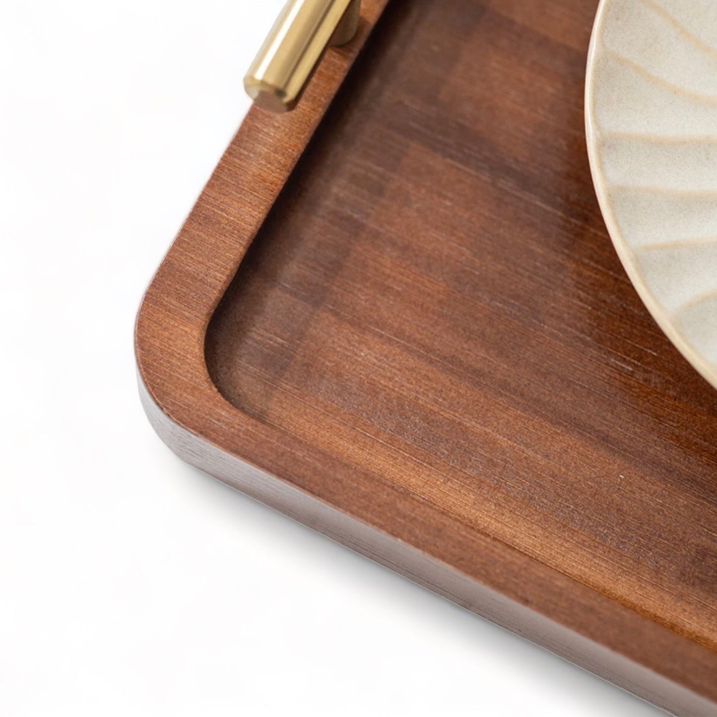 Wooden Serving Tray with Gold Metal Handles - Stylish Vintage Look