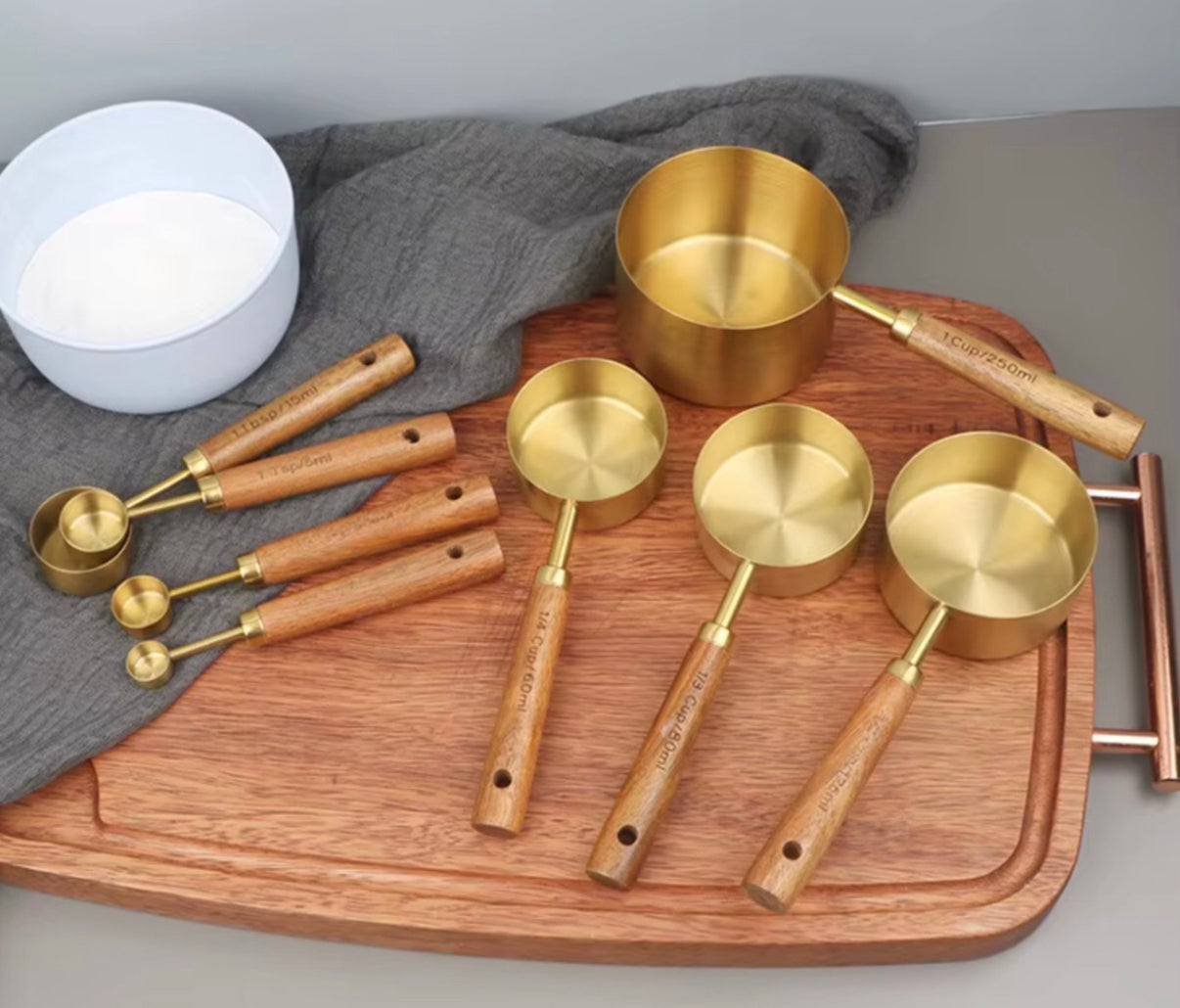 Gold Stainless Steel Measuring Cups & Spoons Set with Wooden Handles – 8 Piece