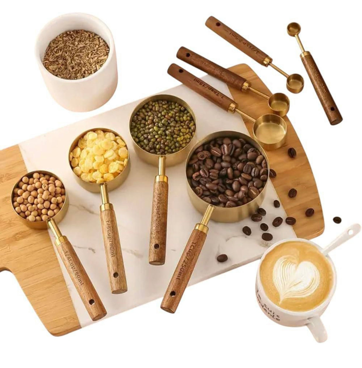 Gold Stainless Steel Measuring Cups & Spoons Set with Wooden Handles – 8 Piece