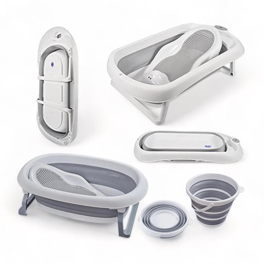 3-piece newborn to toddler bathtub set, featuring a BABY FOLDING or collapsible baby BATHTUB, a collapsible baby bucket & a bath seat