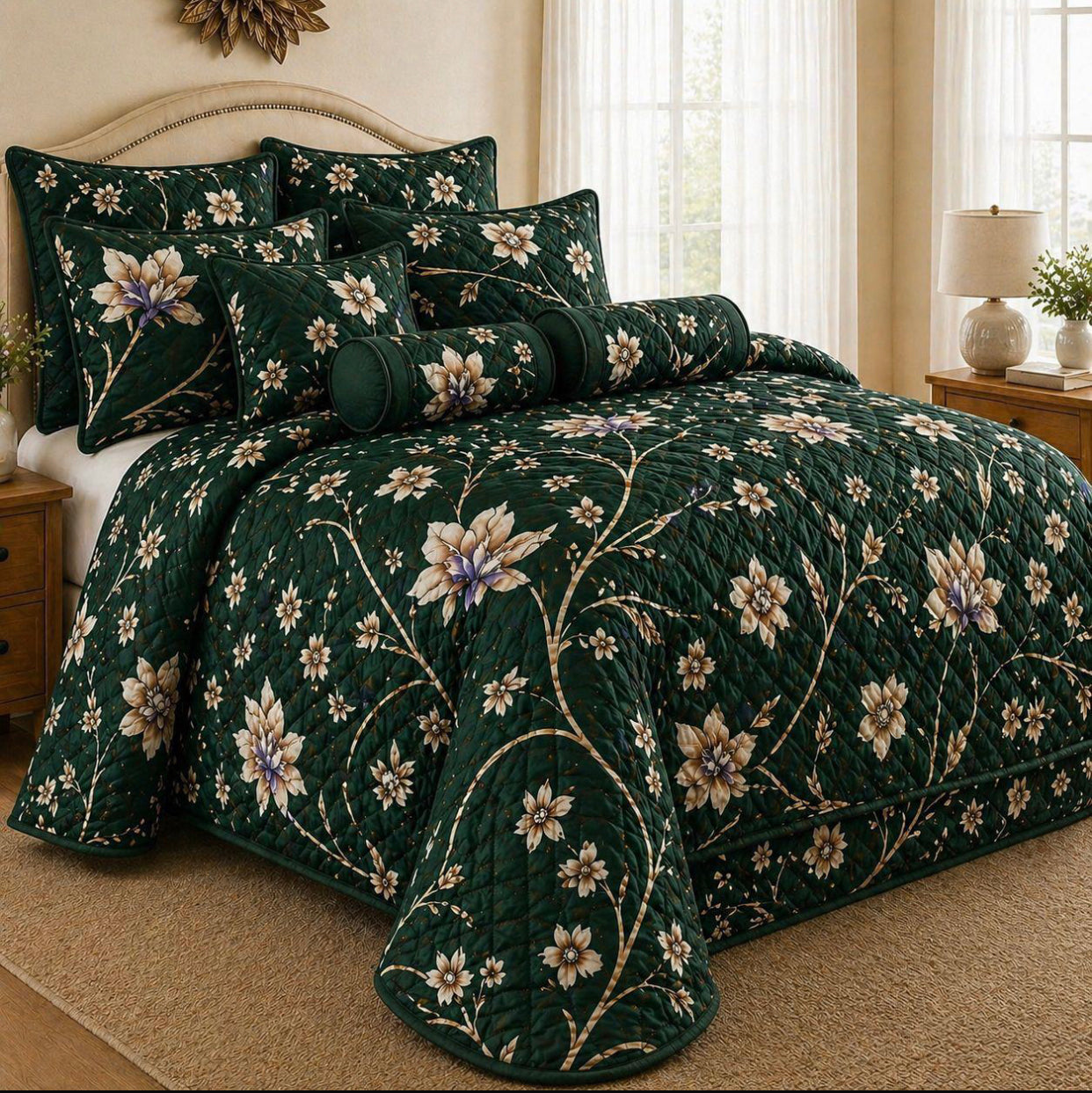 King Size 9-Piece Quilted Comforter Set 230x235cm – Bedding Set with Pillowcases, Cushion Covers & Neck Roll Pillows