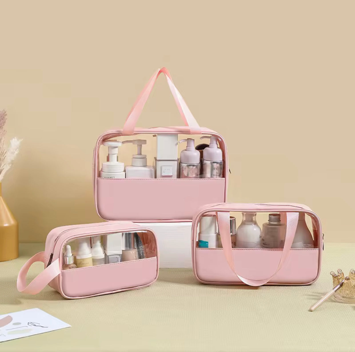 3-Piece Transparent Travel Cosmetic Toiletry Bag Set