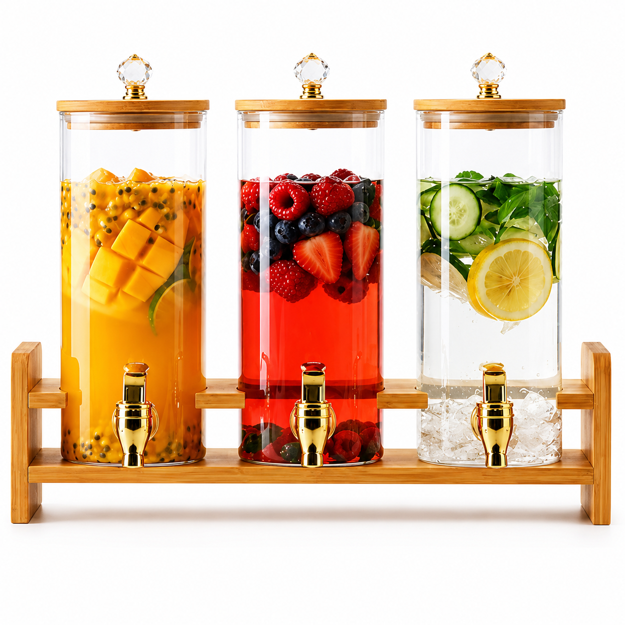 Triple Glass Beverage Dispenser with Bamboo Stand & 3 x 1850ml Dispenser