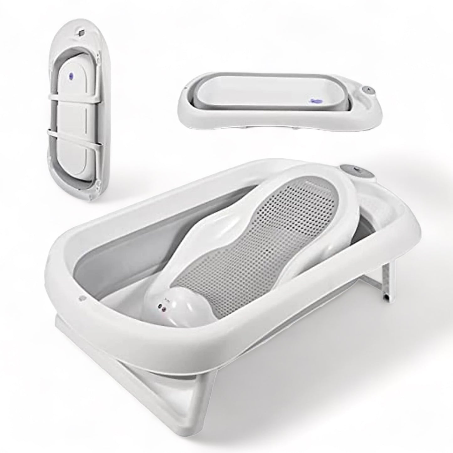 3-piece newborn to toddler bathtub set, featuring a BABY FOLDING or collapsible baby BATHTUB, a collapsible baby bucket & a bath seat
