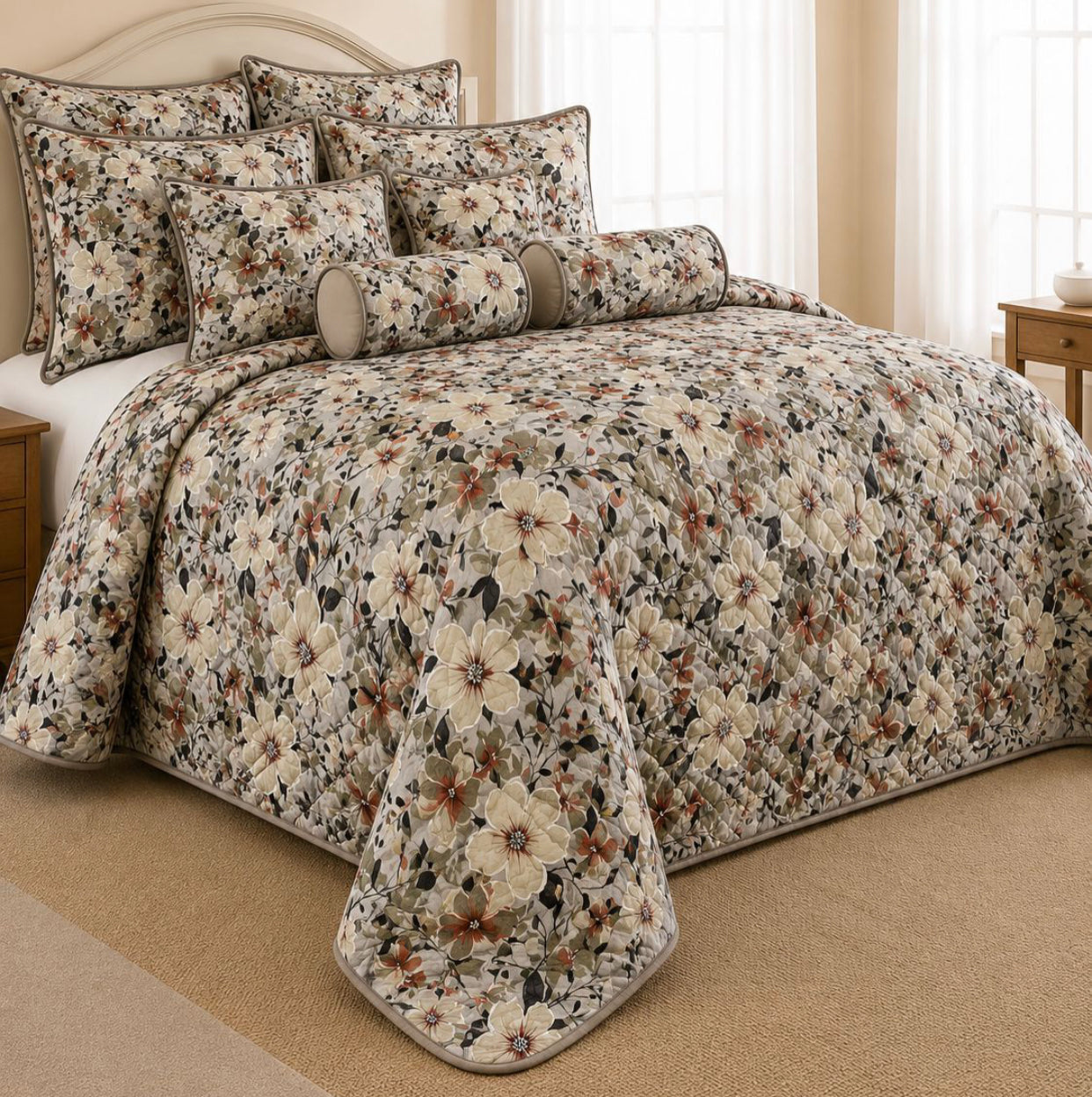 King Size 9-Piece Quilted Comforter Set 230x235cm – Bedding Set with Pillowcases, Cushion Covers & Neck Roll Pillows